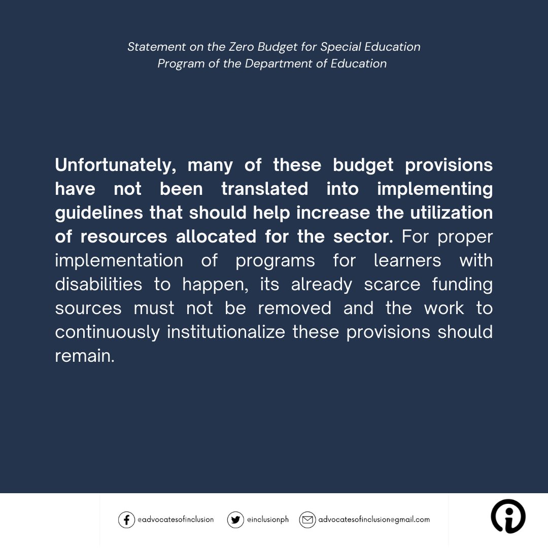 InclusionPH's tweet photo. We appeal to our champions for children with disabilities in Congress to include these provisions in the DepEd’s budget allocation &amp; language. 

We also appeal for the new leadership in the DepEd to implement these policies and make our schools truly disability-inclusive. https://t.co/H7lTplQy3e