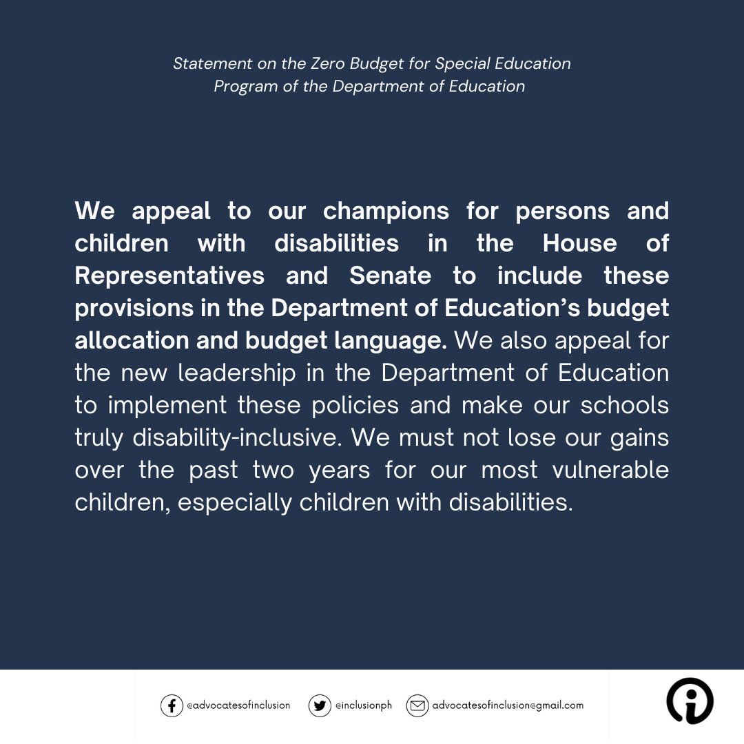 InclusionPH's tweet photo. We appeal to our champions for children with disabilities in Congress to include these provisions in the DepEd’s budget allocation &amp; language. 

We also appeal for the new leadership in the DepEd to implement these policies and make our schools truly disability-inclusive. https://t.co/H7lTplQy3e