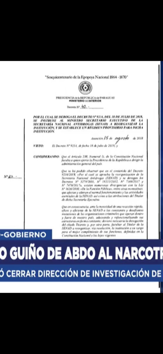Rocio_La_Negra's tweet photo. Primer acto Marito deroga el decreto No 9224 e Instruye al Ministro Ejecutivo de la SENAD a "REORGANIZAR LA SECRETARIA NACIONAL ANTIDROGAS"
2do Acto: Ministro "antidrogas" Giuzzio  dispone el CIERRE PERMANENTE de la Dirección de INVESTIGACION TERRESTRE, AEREA Y PLUVIAL dela Senad https://t.co/zdG1fGyCvN