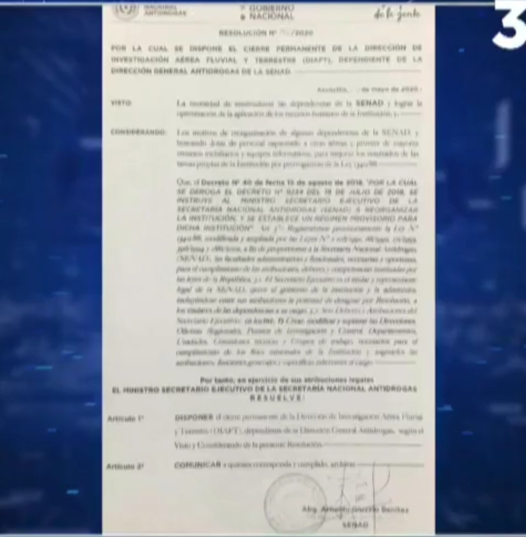 Rocio_La_Negra's tweet photo. Primer acto Marito deroga el decreto No 9224 e Instruye al Ministro Ejecutivo de la SENAD a "REORGANIZAR LA SECRETARIA NACIONAL ANTIDROGAS"
2do Acto: Ministro "antidrogas" Giuzzio  dispone el CIERRE PERMANENTE de la Dirección de INVESTIGACION TERRESTRE, AEREA Y PLUVIAL dela Senad https://t.co/zdG1fGyCvN