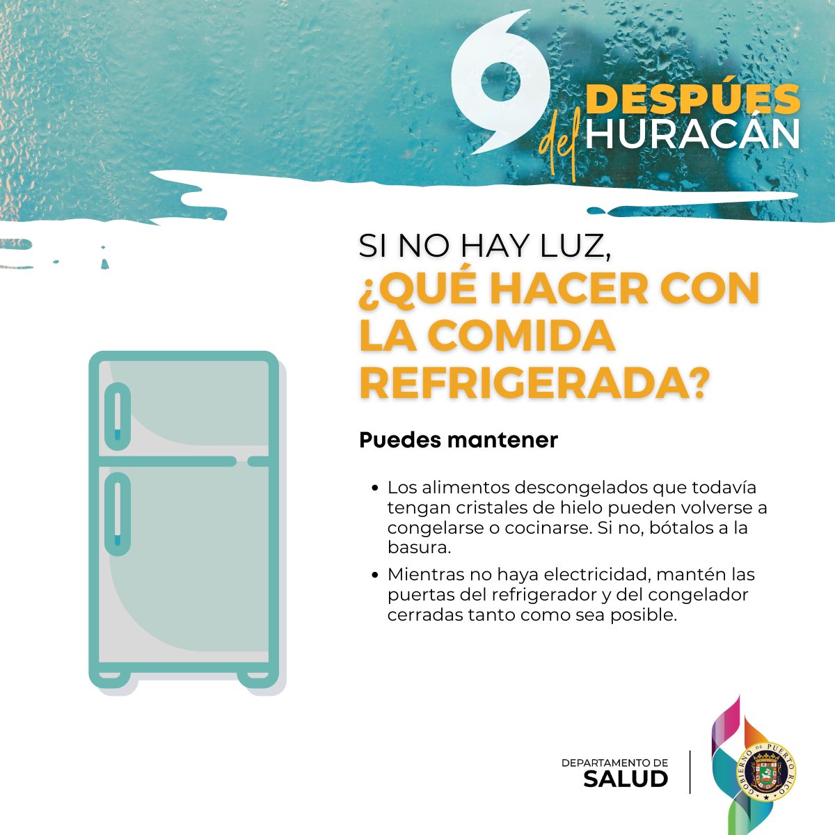 Evalúa los alimentos que tienes almacenados. Si han pasado mucho tiempo fuera de la temperatura adecuada, descártalos. Conoce qué hacer con la comida si no tienes electricidad. 
#HuracánFiona