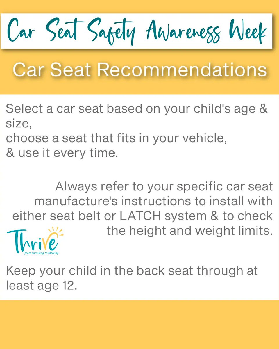 ThriveSWFL's tweet photo. ✨It’s Car Seat Safety Awareness Week! 😃 According to https://t.co/84DulaaP69, car crashes are a leading cause of death for children 1-13 years old, so knowing how best to protect your child in a vehicle is of the utmost importance! 💛
#thrive #carseatsafety #safe #mama https://t.co/VkA0TnxodQ