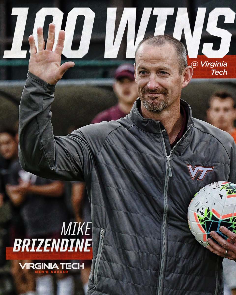 HokiesMSoccer's tweet photo. 𝟏𝟎𝟎 𝐖𝐈𝐍𝐒 𝐚𝐭 𝐕𝐢𝐫𝐠𝐢𝐧𝐢𝐚 𝐓𝐞𝐜𝐡 ✅

Congrats on win No. 100 with the Hokies, Briz. Let’s go get No. 101 next.

🔸 Six-straight NCAA Tournaments
🔸 Four trips to the Sweet Sixteen
🔸 Three wins over No. 1-ranked teams

#Hokies 🦃 https://t.co/c0u3bexsbr