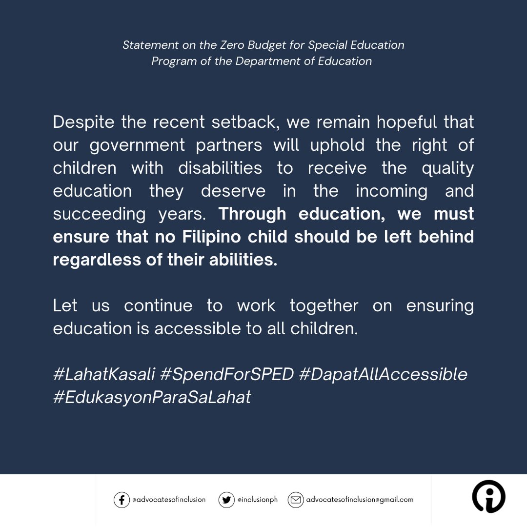 InclusionPH's tweet photo. We must not lose our gains over the past two years for our most vulnerable children, especially children with disabilities. Let us continue to work together on ensuring education is accessible to all children.

#LahatKasali
#SpendForSPED
#DapatAllAccessible
#EdukasyonParaSaLahat https://t.co/EsmxfcCa1R