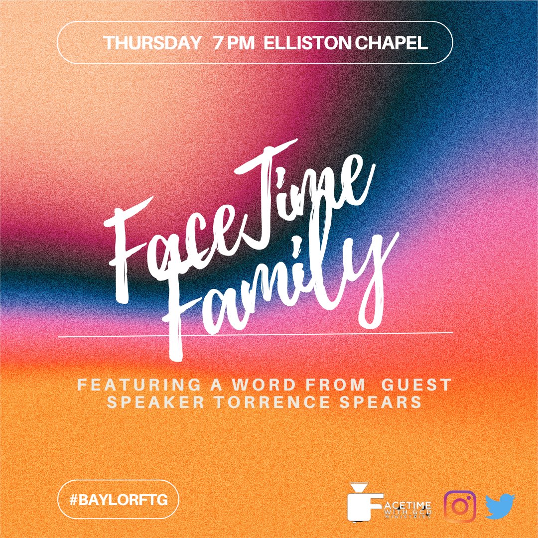 Family, we are back in Elliston Chapel 💒 this Thursday, welcoming guest speaker, Torrence Spears. 💕

“We may make a lot plans, but the lord will do what he has decided” (P R O V E R B S 19:21).

#baylorftg | #ftgodbaylor
