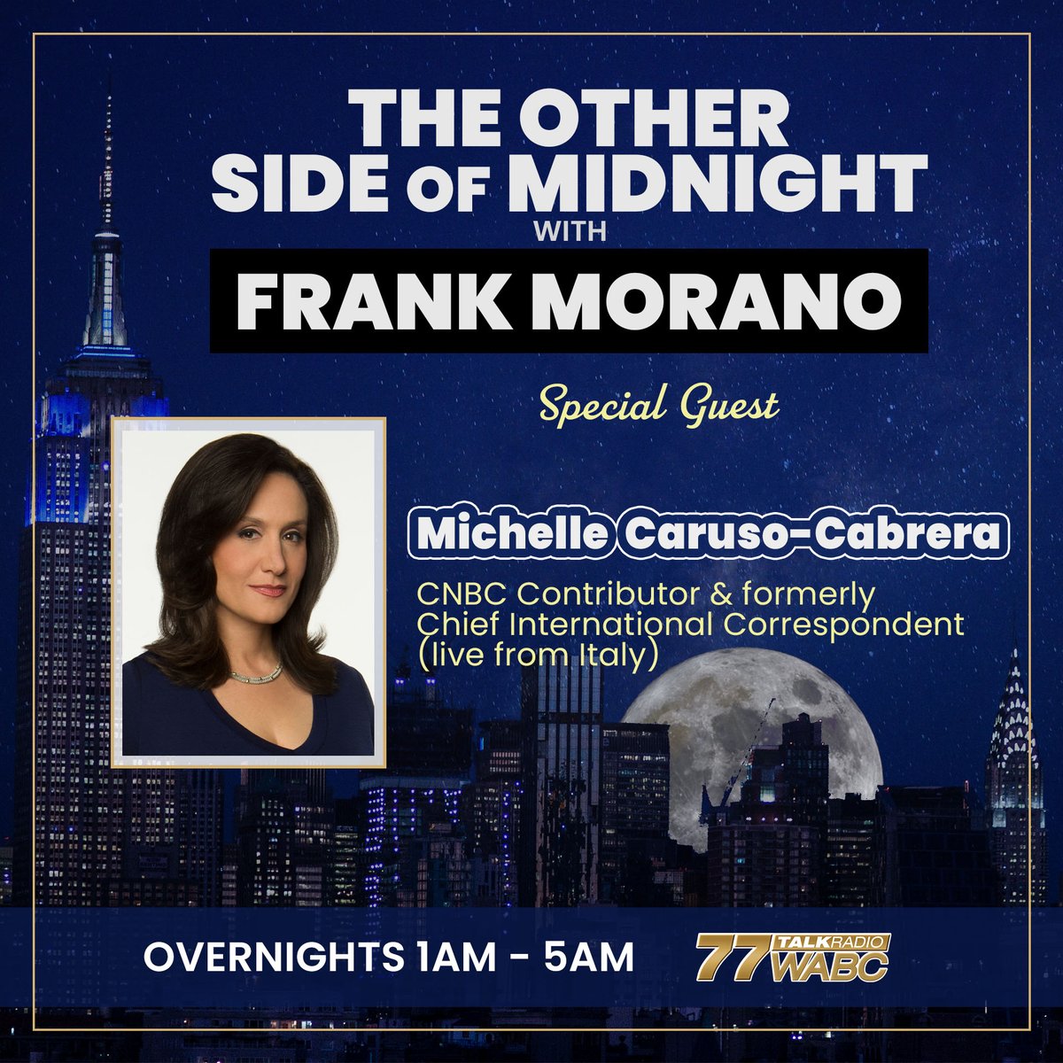 77WABCradio's tweet photo. Be sure to listen to #TOSOM with @frankmorano tonight!
Special Guest:
@MCaruso_Cabrera
LIVE 1AM-5AM on https://t.co/m8texhtIN2 or on the 77 WABC app! https://t.co/XijQtpHlmS