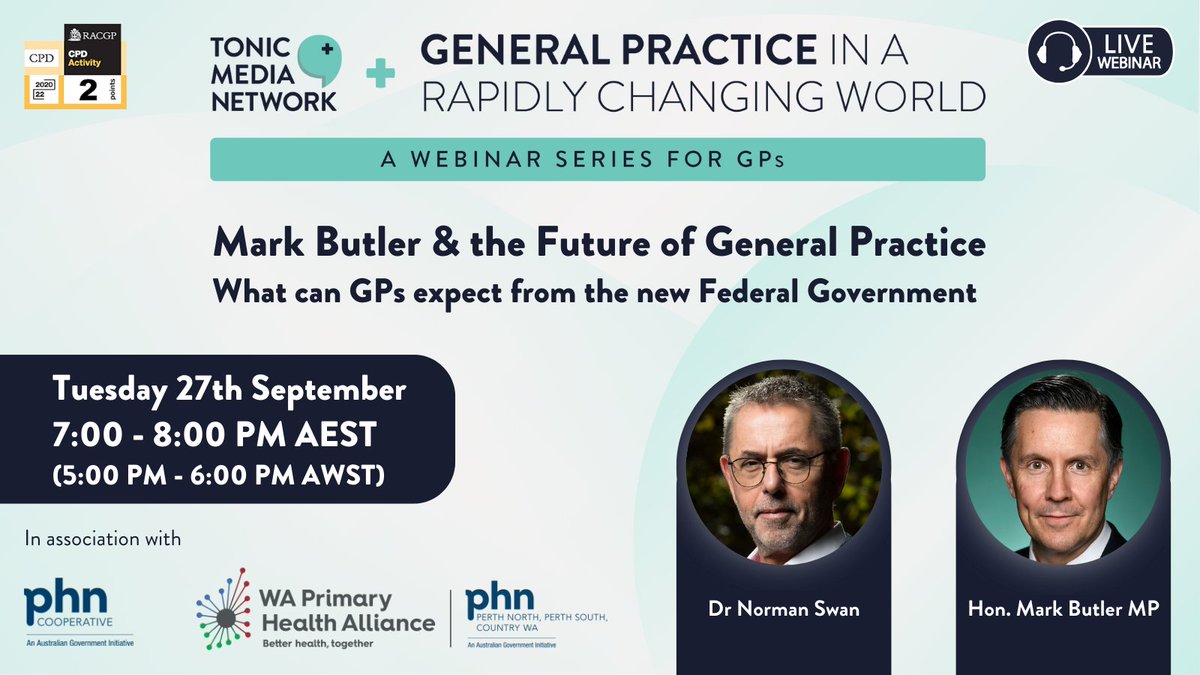 One week to go! Join multi-award-winning broadcaster and journalist, Dr <a href="/normanswan/">Norman Swan</a>, and Hon. <a href="/Mark_Butler_MP/">Mark Butler MP</a>, Federal Minister for Health and Aged Care, for a one on one webinar, exclusively for GPs: us02web.zoom.us/webinar/regist…