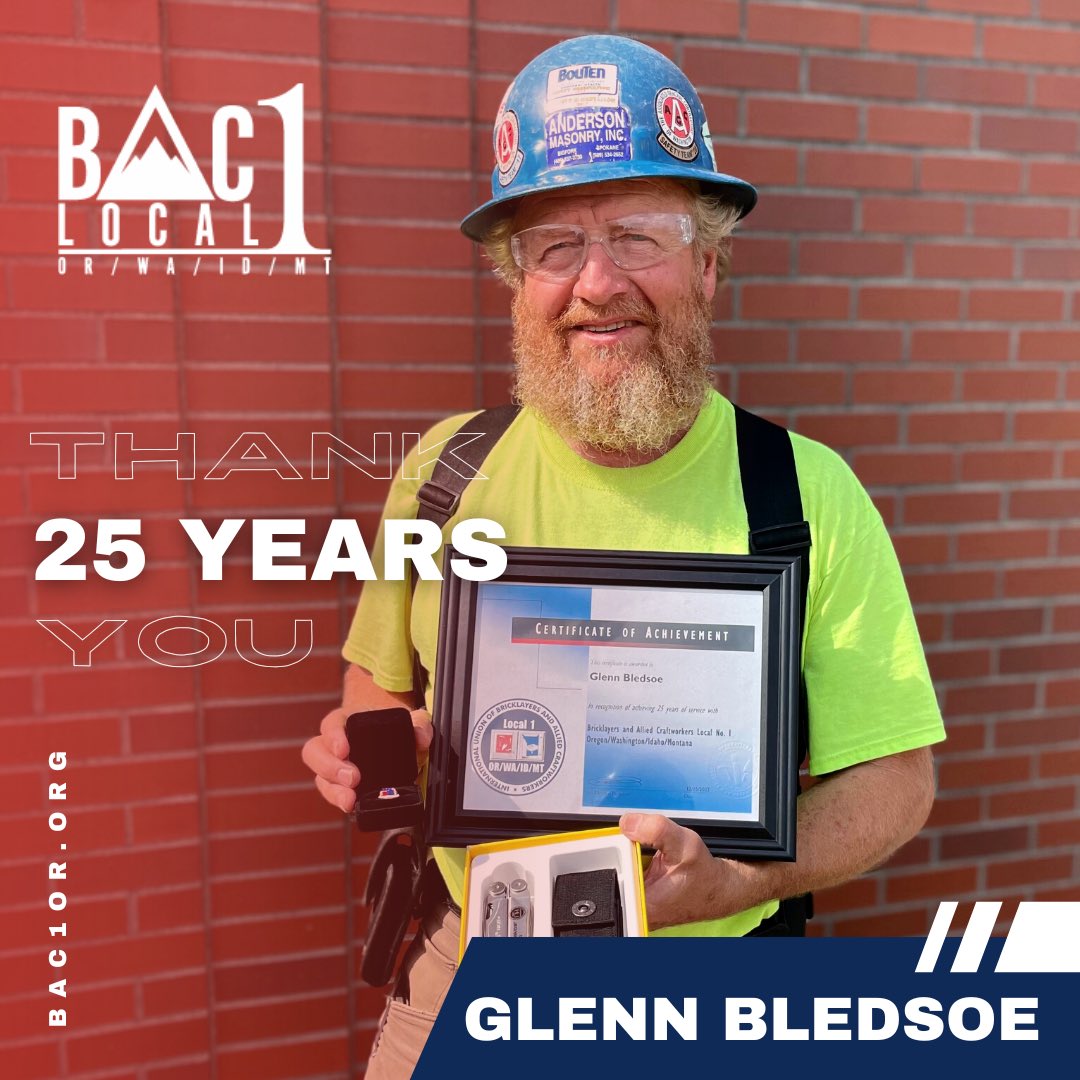 Bac1Oregon's tweet photo. Congratulations to Glenn Bledsoe on 25 years with Local 1 OR/WA/ID/MT! We appreciate your commitment to the trade!

#bac1orwaidmt
#UnionStrong https://t.co/AXvjldMpzB
