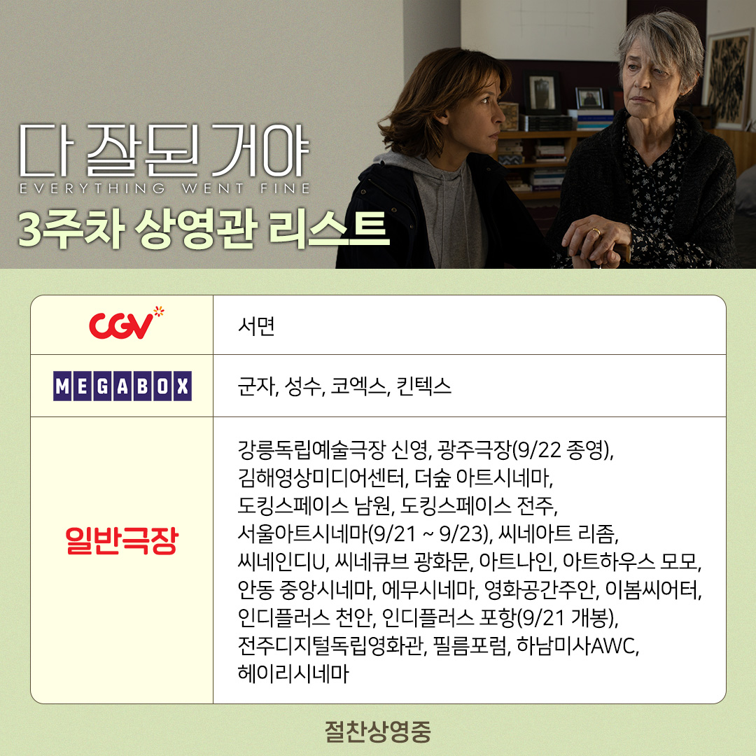 <#다잘된거야> 3주차 상영관 안내🍀 모두가 마주할 삶과 죽음에 관한 마스터피스 당신의 마음을 울릴 바로 그 영화! #CGV : https://url.kr/pzgcfd #메가박스...