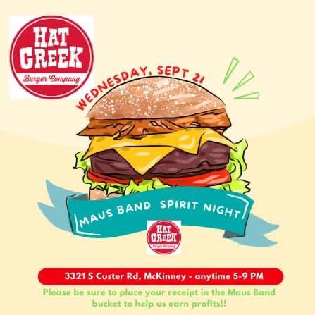 mausmsband's tweet photo. Don’t forget to come out to Hat Creek tomorrow night anytime from 5-9 PM! Put your receipt in the spirit night bucket to help! See you there! #mausband @MausMS @MausAthletics @SpecMooneyham @MooneyhamElem @SemElementary @TadlockElem @ElliottLearners @HeritageHSBand @memhsband https://t.co/3iNrJqKDnf