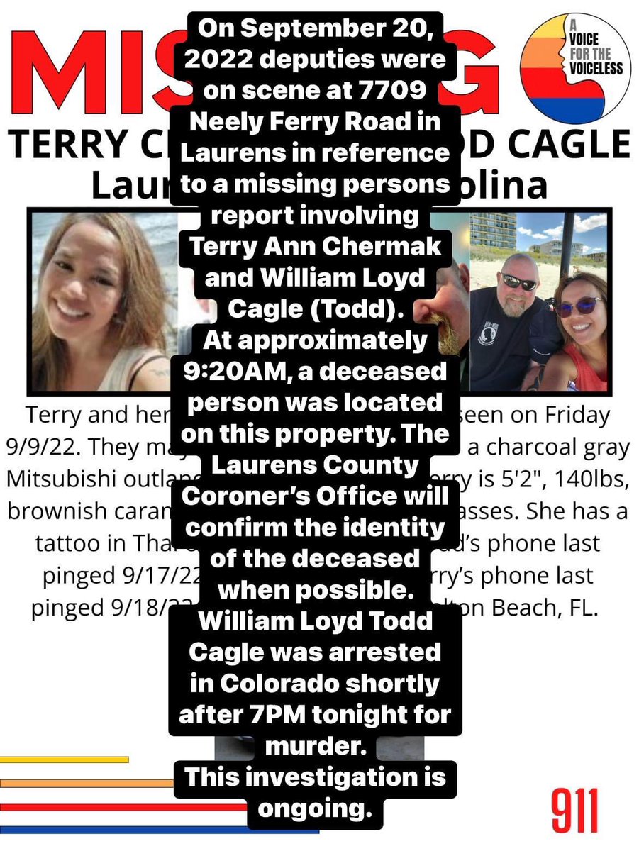 AwarenessTCS's tweet photo. #LOCATED #SADupdate
1/2
On September 20, 2022 deputies were on scene at 7709 Neely Ferry Road in Laurens in reference to a missing persons report involving Terry Ann Chermak and William Loyd Cagle (Todd). At approximately 9:20AM, a deceased person was located on this property. https://t.co/Dj971KqOhN