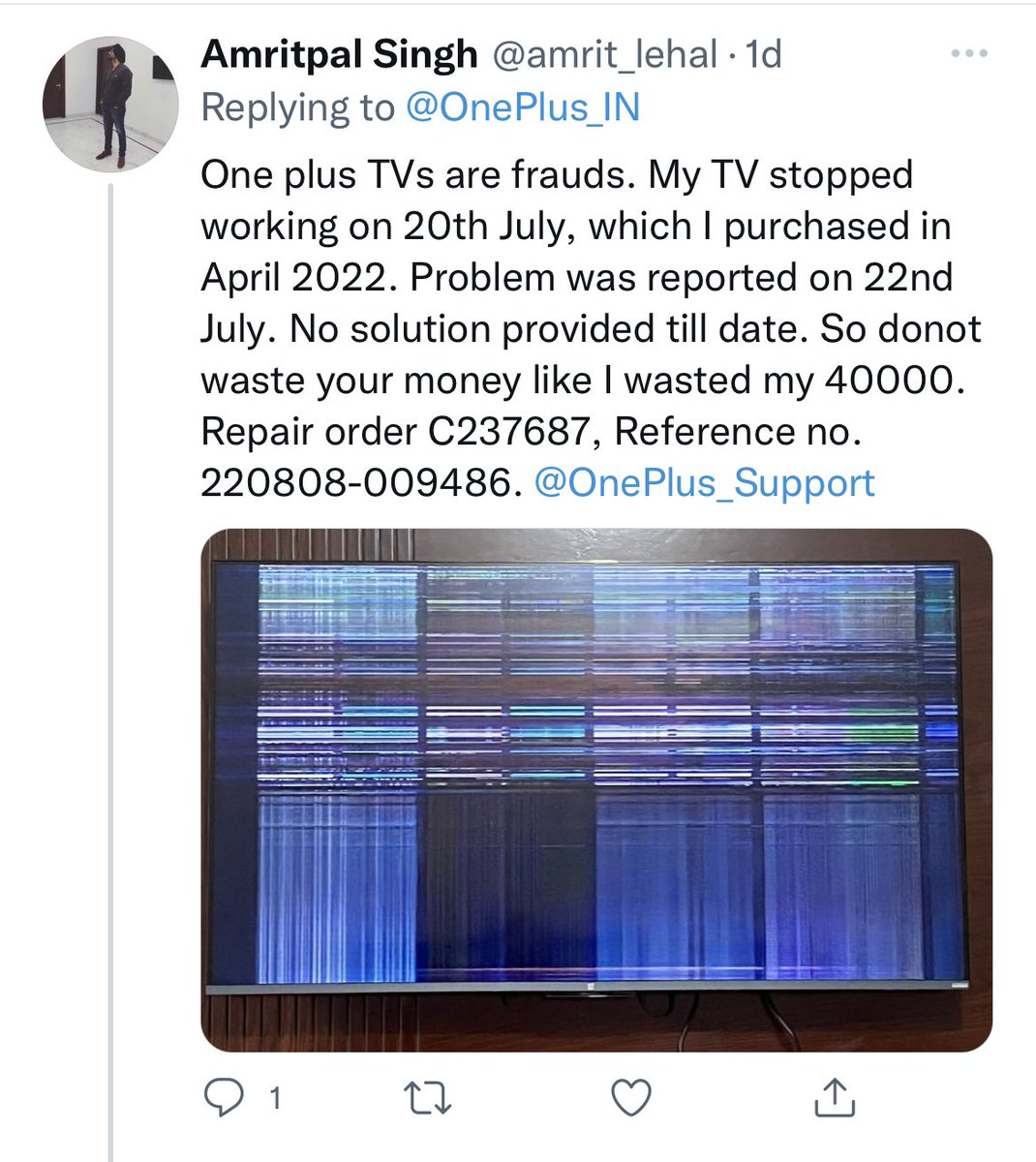 amrit_lehal's tweet image. Oneplus products (TVs) are frauds. Donot buy them. I have wasted my 40000rs. On 22nd July the compliant was raised, but till date no solution has been provided by OnePlus after almost 60 days. @oneplus @OnePlus_IN @OnePlus_Support #oneplusfraud #boycottoneplus
