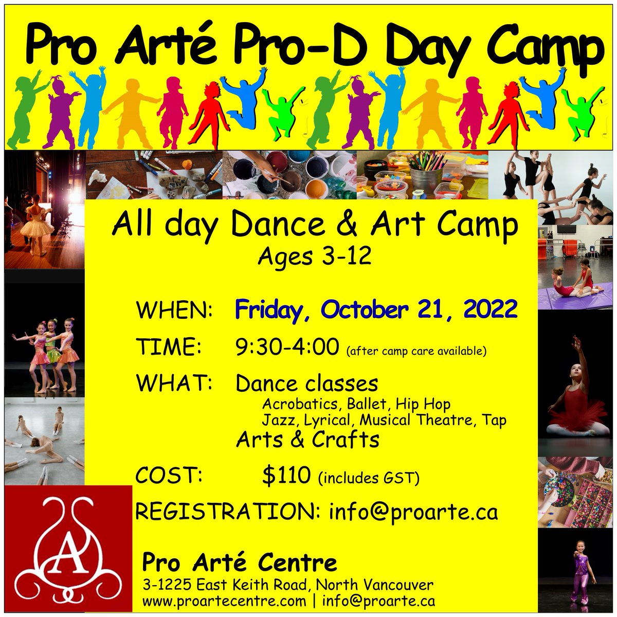 ProArteCentre's tweet photo. Worried about child care during the schools' upcoming Pro-D Days?  Friday, October 21 - is the first of Pro Arté day camps.  With music and dance, arts and crafts, students will "have a blast" in a safe, learning, and fun environment.  Contact us to register now. https://t.co/EBKjQNvSUs