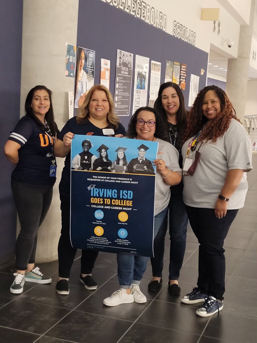 Counseling_IISD's tweet photo. All smiles as we wrap our wonderful #IrvingGoesToCollege night! Thank you to all our counselors, admin, colleges, @SingleyAcademy, culinary, and security officers that made tonight smooth sailing. #PowerofUs @IrvingISD @SendMawesome @KimestS @melissasotero @SillyDreaHz https://t.co/lRzweqXQFH