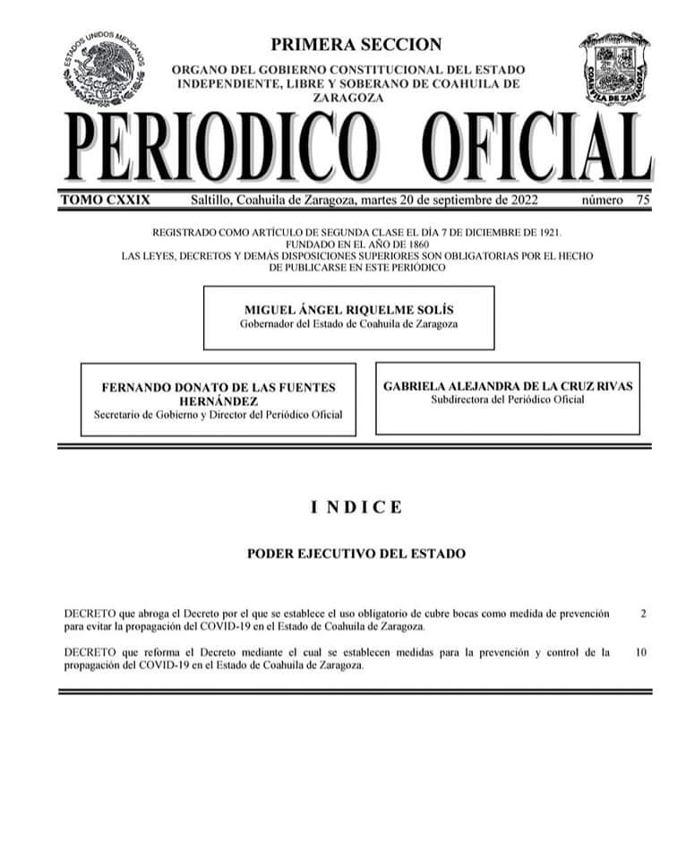 <a href="/GobDeCoahuila/">Gobierno de Coahuila</a>, a través del Periódico Oficial, emitió el #Decreto mediante el que se establece que el uso de #cubrebocas en la entidad no es obligatorio, al tiempo que establece una serie de #recomendaciones para su uso en determinadas personas.