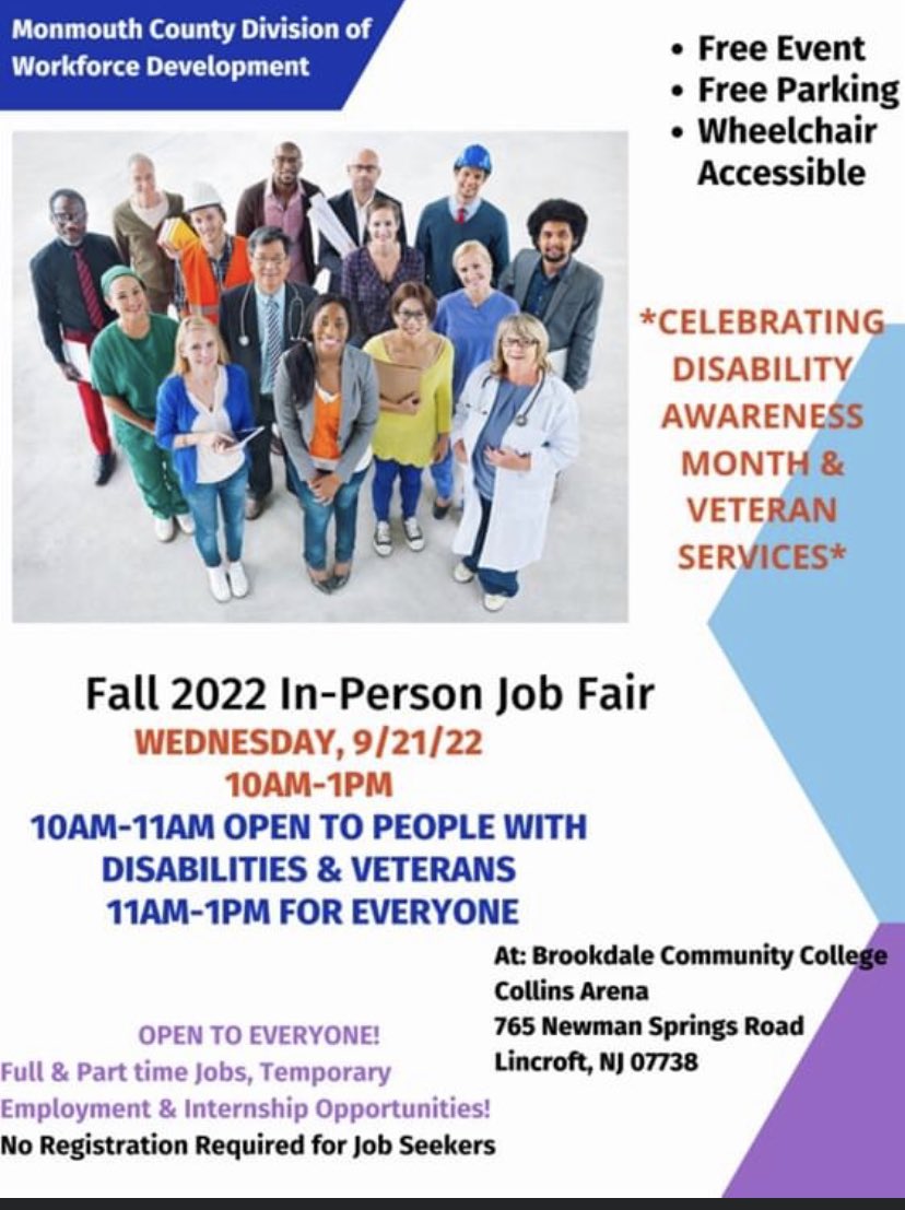 OceanCountyPIC's tweet photo. In-Person Job Fair Tomorrow 9/21 at Brookdale Community College!!! #jobsearch #Employment #internship https://t.co/tjMRsWzBbG