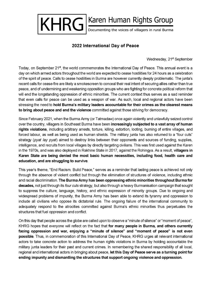 khrg's tweet image. The Burma Army has been oppressing ethnic minorities throughout Burma for decades. Let this #DayOfPeace serve as a turning point for ending impunity and dismantling the structures that support ongoing violence and oppression in Burma!

#EndRacismBuildPeace