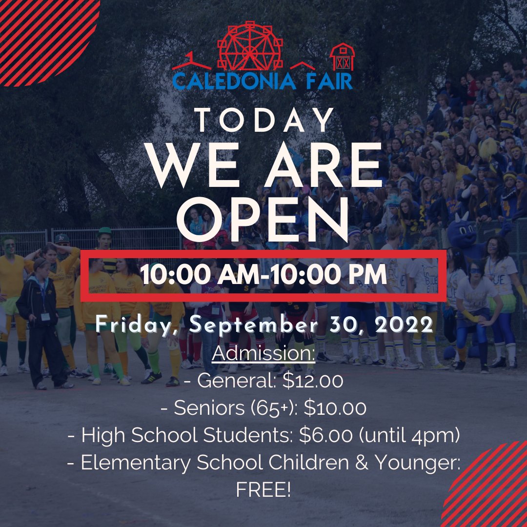 Caledonia_Fair's tweet photo. Today we are Open!
Friday, September 30, 2022
Hours: 10am-10pm
​
Admission:
- General: $12.00
- Seniors (65+): $10.00
- High School Students: $6.00 (until 4pm)
- Elementary School Children &amp; Younger: FREE!

https://t.co/KZl2i5mGPv https://t.co/jGlx2OenKV