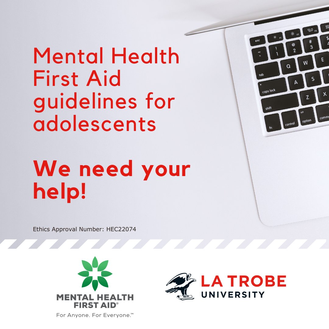 .<a href="/MHFA_Australia/">Mental Health First Aid Australia</a> is working with researchers at <a href="/latrobe/">La Trobe University</a> to develop #MentalHealthFirstAid guidelines for adolescents online, and we need your help!

Working as a professional in education, or with young people to assist their #MentalHealth? Get involved >> tinyurl.com/online-delphi
