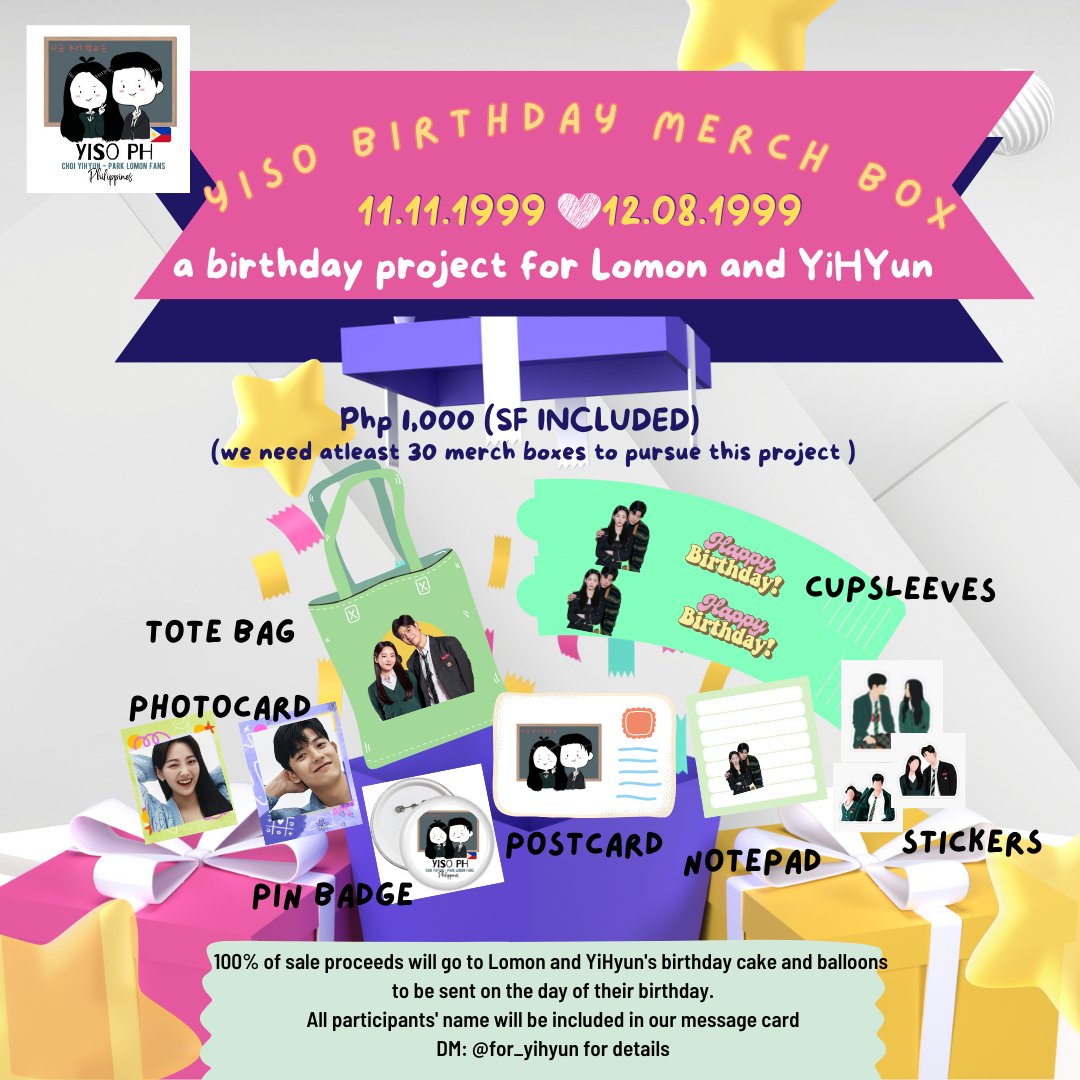 for_yihyun's tweet photo. YISO NATION! We invite you to join us on our new project for our babies birthday just by buying our 'Yiso Birthday Merch Box' worth 1000 pesos with sf already included!

(note that we need atleast 30 merch boxes to sale for this proj to pursue)

#AllOfUsAreDead #Yiso https://t.co/XWgOWOMs6b