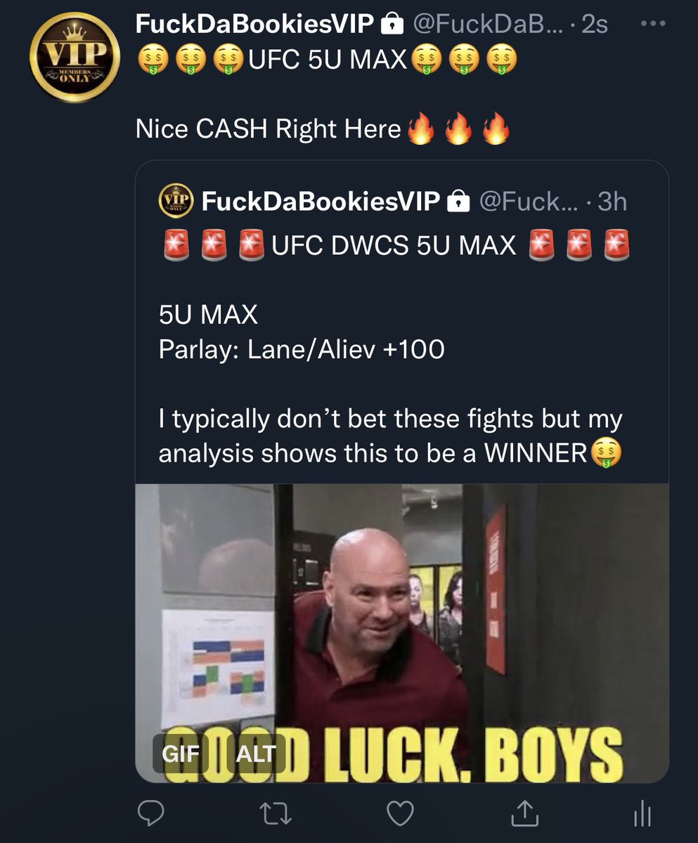 FuckDaBookies's tweet photo. 🤑🤑🤑VIP UFC MAX CASH🤑🤑🤑

We hit our bet in the DWCS fights tonight🔥🔥🔥

I will update the MAX record tonight when our other CASH🤙

DM me to CASH with us🔥🔥🔥

👇👇👇👇👇👇👇👇👇👇👇👇👇 https://t.co/VEVJX8gygE