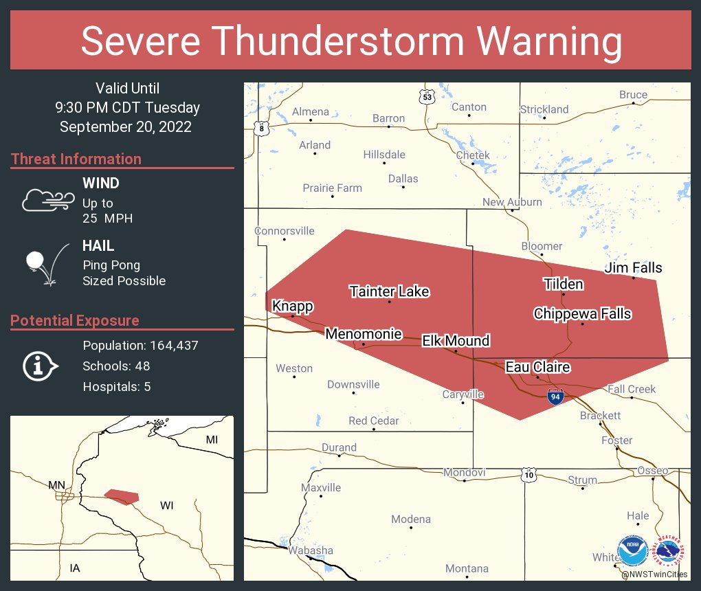 NWSTwinCities's tweet photo. Severe Thunderstorm Warning including Eau Claire WI, Menomonie WI and  Chippewa Falls WI until 9:30 PM CDT https://t.co/azwQrX3ybs