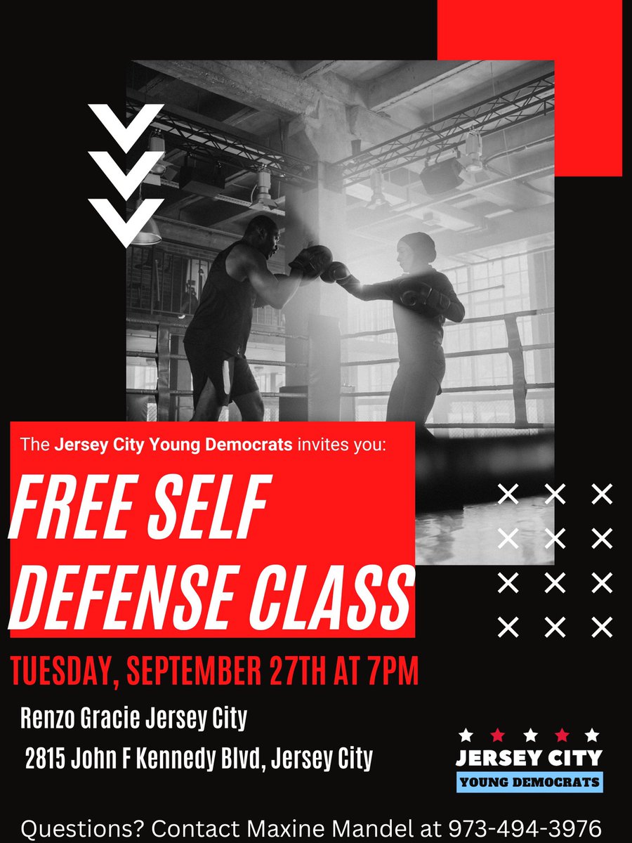 JC_YoungDems's tweet photo. This event is open to all genders and ages. Anyone living in a city should learn how to defend themselves. 
Please join us next Tuesday the 27th at 7pm at Renzo Gracie Journal Square 
@maxine_mandelE6 @CoryGarriga https://t.co/Ic4sGnr3i9
