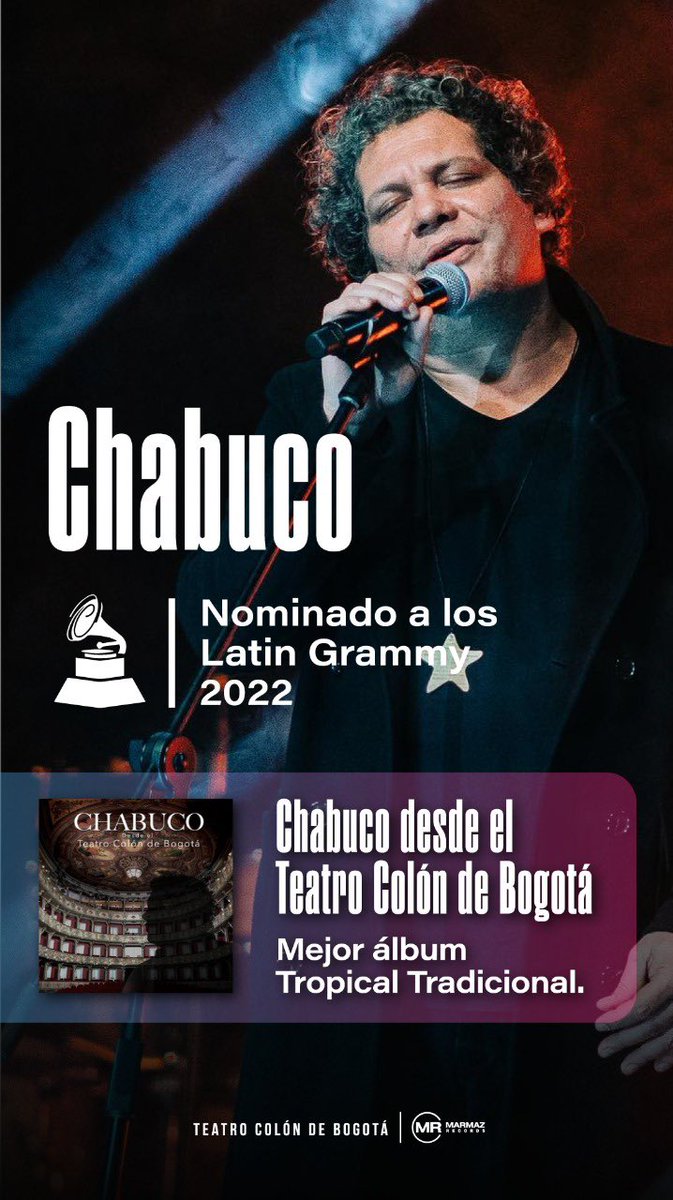 chabuco's tweet photo. Gracias a la academia de la música @LatinGRAMMYs  por esta nominación a mejor Álbum tropical tradicional #chabucodesdeelteatrocolon https://t.co/nu8XflLYRl