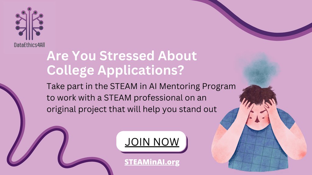 DataEthics4All's tweet photo. To learn more about the #stress associated with #CollegeApplications and how to overcome it, read our article at https://t.co/rI5EhpZ3GH
Don't forget to register for our #STEAMinAI Mentoring Program to complete an original #STEM project under the #mentoring of professionals https://t.co/TbwsP9JvNI