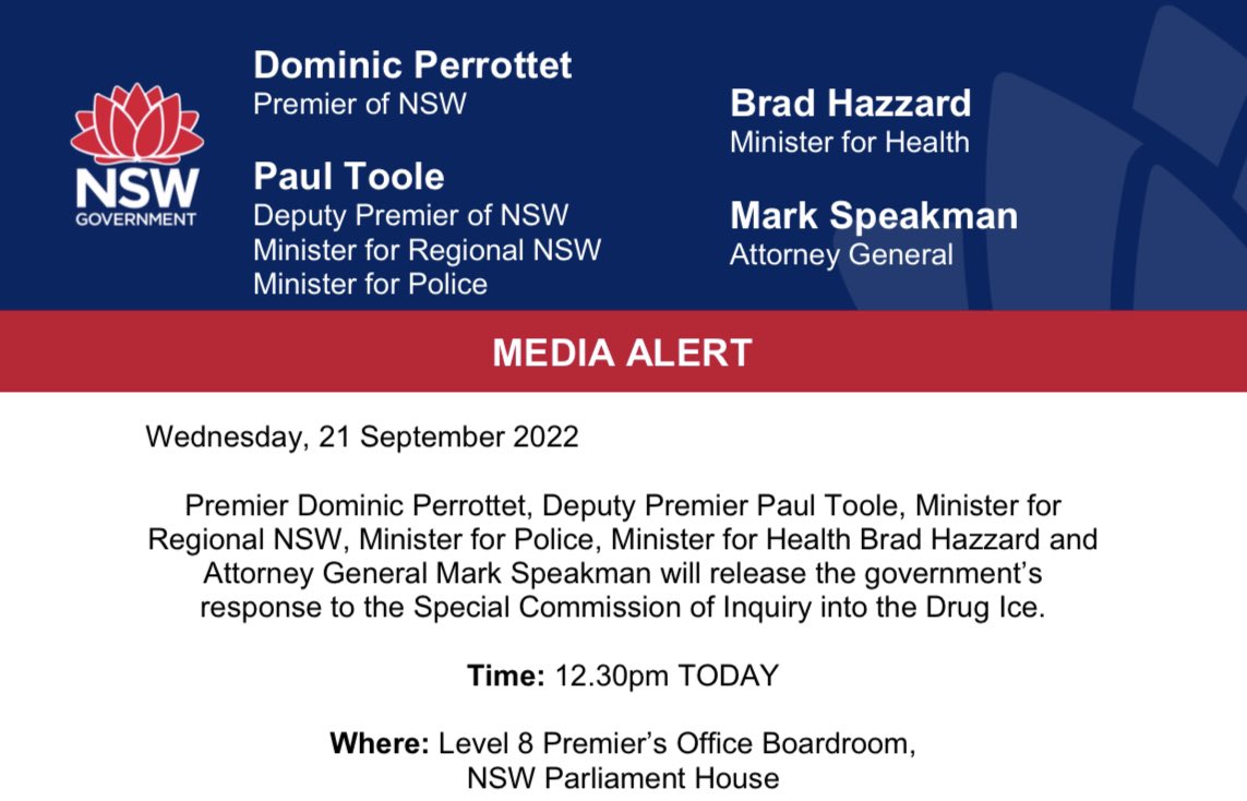 BREAKING - The NSW Government response to the #IceInquiry will be announced at 1230pm. 
#nswpol