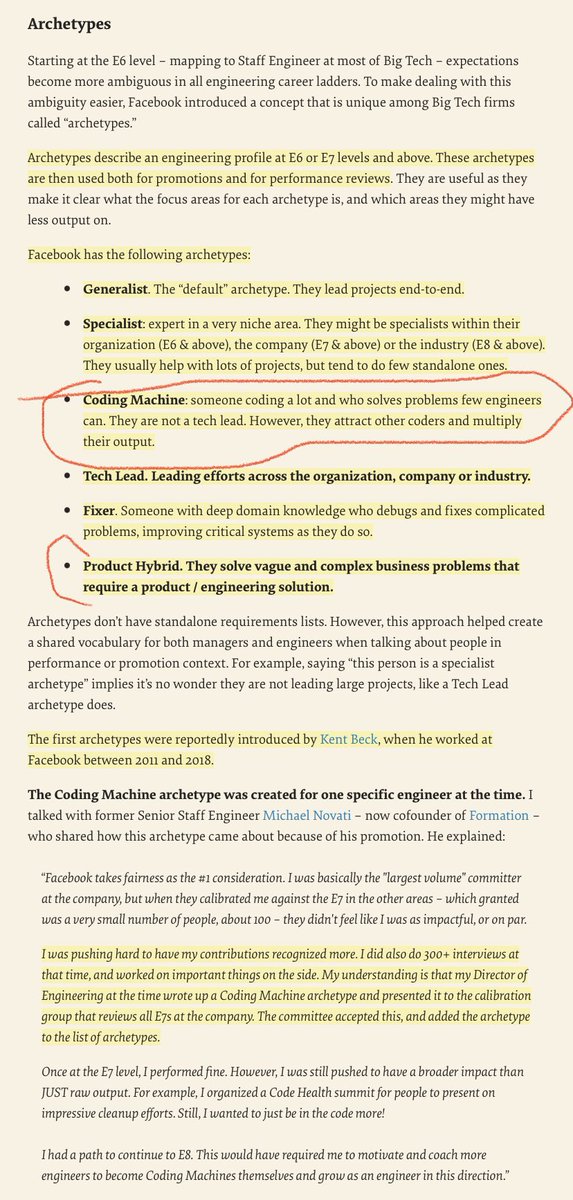 thiagoghisi's tweet photo. The 6 Staff+ Engineers Archetypes at Facebook:

1) Generalist
2) Specialist
3) Coding Machine
4) Tech Lead
5) Fixer
6) Product Hybrid 

Found them catching up on my Pragmatic Engineer newsletter by @GergelyOrosz

They are similar to @Lethain’s yet closer to my day-to-day reality. https://t.co/vrqOAjEnd2