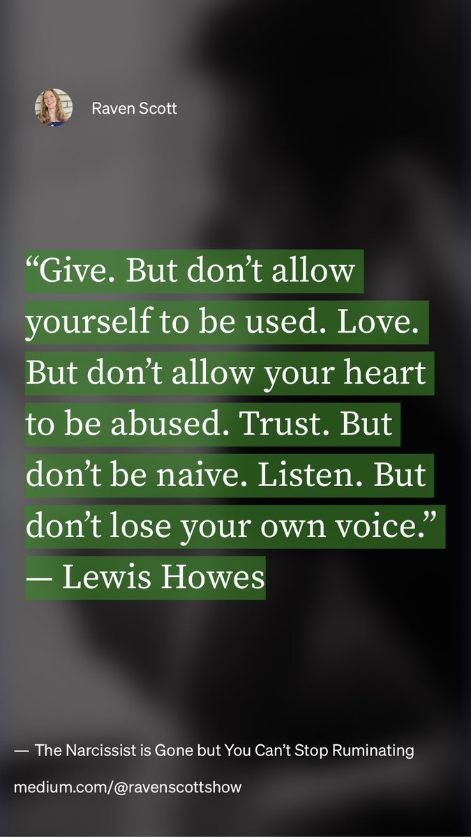 ravenscottshow's tweet photo. “The Narcissist is Gone but You Can’t Stop Ruminating” by Raven Scott
https://t.co/U4h7dyvd2I #narcissist #boundaries https://t.co/DopejSIgxN