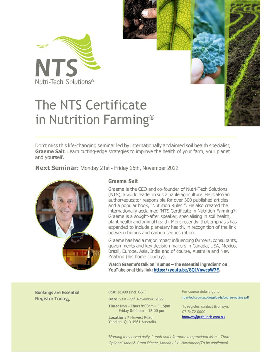 NutritionGarden's tweet photo. The NTS Certificate in Nutrition Farming® will be taking place between 21-25 November 2022 (5 days) in Yandina, QLD.

Places are limited so early registration is essential. To register please visit the below link.

https://t.co/L4Irg4G0dp https://t.co/HHItUxTsZz