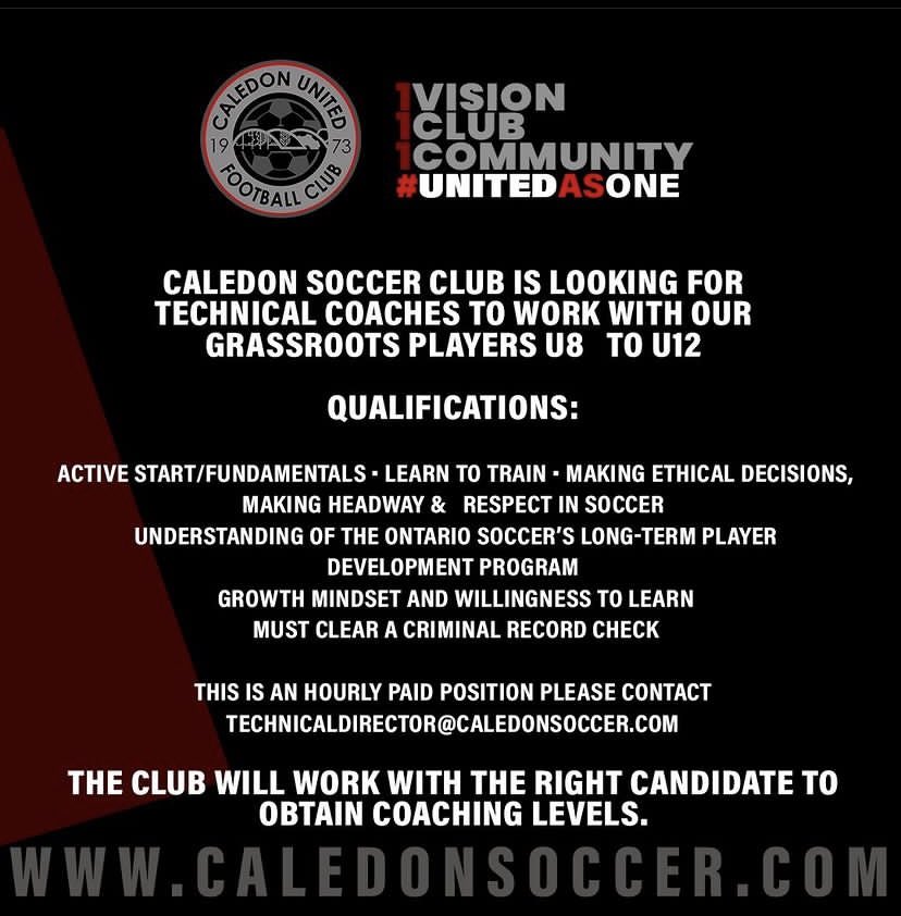 Caledon Soccer Club is looking for Technical Coaches to work with our Grassroots players U8 to U12.

This is an hourly paid position please contact: technicaldirector@caledonsoccer.com 

The club will work with the right candidate to obtain Coaching Levels.

#UnitedAsOne