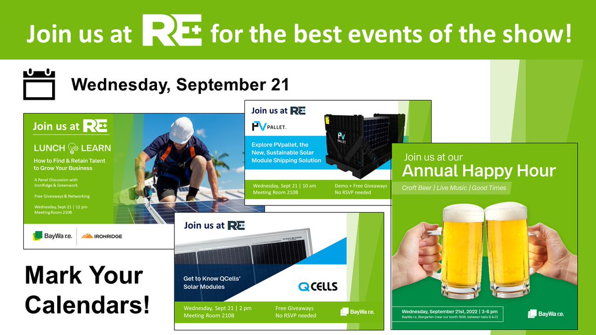 BWRESolarUS's tweet photo. There is so much to enjoy tomorrow at #replus.
10am - @pvpallet Demo & iveaway
12pm - Lunch & Learn with @IronRidge
2pm - Get to know @Qcells_NA
3pm - @BayWa_re_na Happy Hour in the Biergarten
#solarinstaller #solarpro #solarenergy #solarnetworking #solarindustry https://t.co/DHzOG4GHxP