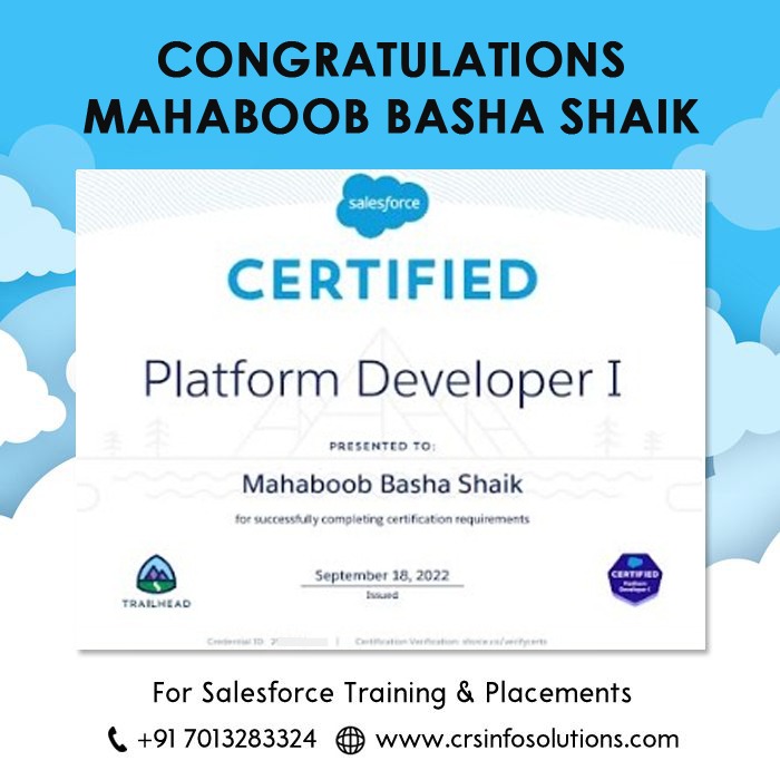 Hearty Congratulations to our student Mahaboob Basha Shaik. All the very best to future endeavours. For Salesforce training and certification preparation, please enroll in our free demo class.

Phone: +91-9347854179
Website: crsinfosolutions.com
#salesforcecertified