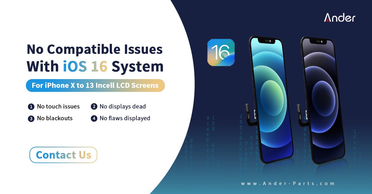 No compatible issues with iOS 16 System for 
iPhone X to 13 Incell LCD Screens.
For more details, please feel free contact us via our whatsapp/wechat hotline by +86 15916752950 😊
#iphonelcd #iphonedisplay #Incell #iphonerepair #iphonereplacement #iphone12pro #iphone13 #ios16