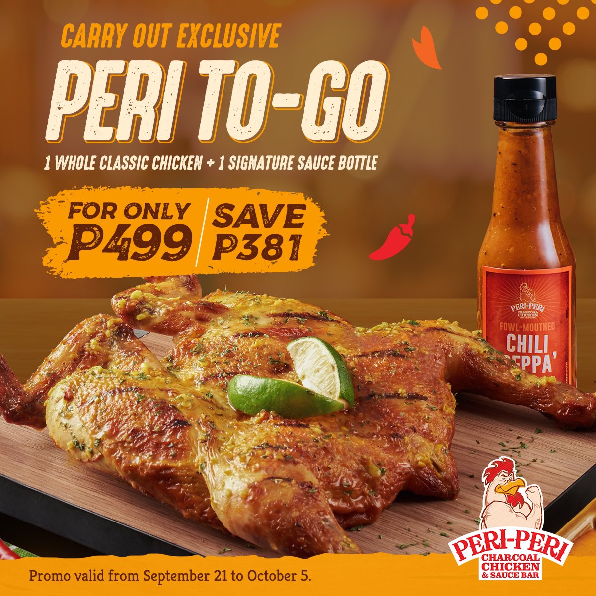 pericharcoalph's tweet photo. 🛍 CARRY OUT EXCLUSIVE 🛍
Get the real deal 🔥🔥🔥
Grab a whole classic Peri-Peri Chicken plus a bottle of any signature sauce for only P499 🤩

#PeriPeriCharcoalChicken 🐔
#LetYourFlavorAdventureBegin 🌶 https://t.co/SX8128di6I