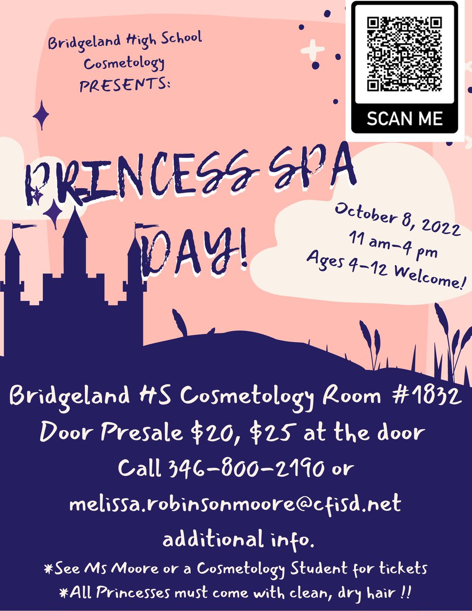 BridgelandCosmo's tweet image. The coveted BHS Princess Day is back! Bring your princess for a royal pamper session! Scan the QR Code for your pre-sale tickets and to select your services. #wintheday #bridgelandbest #ctecertified #cfisdforall #bridgeland #fairfeild #cypresstx