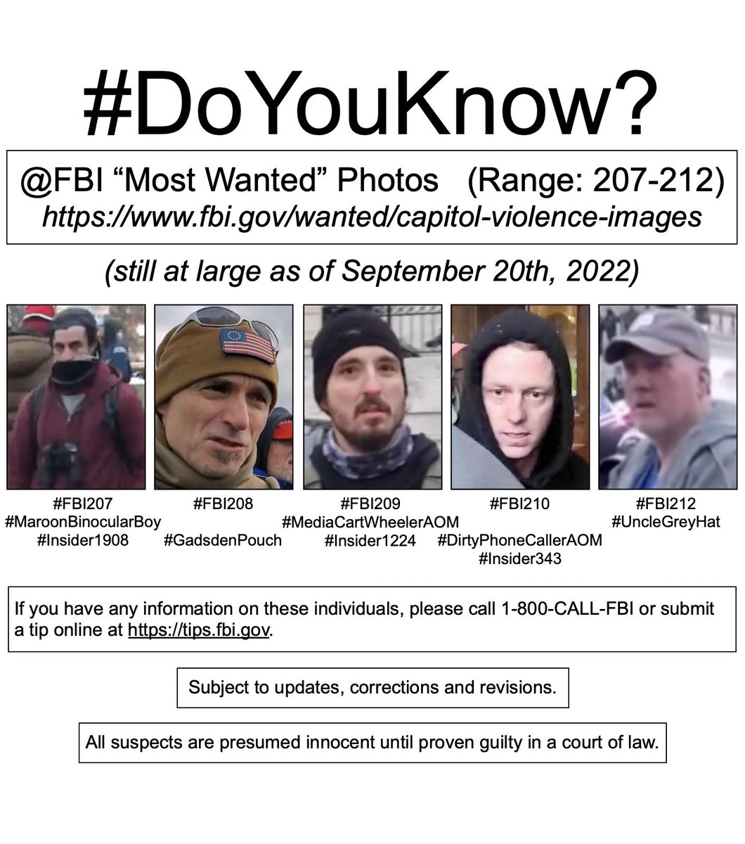 #SeditionHunters
#DoYouKnow?
🧵
18/

fbi.gov/wanted/capitol…
Range: 207-212

#FBI207 (#MaroonBinocularBoy)(#Insider1908)

#FBI208 (#GadsdenPouch)

#FBI209 (#MediaCartWheelerAOM)(#Insider1224)

#FBI210 (#DirtyPhoneCallerAOM)(#Insider343)

#FBI212 (#UncleGreyHat)

#SeditionInsiders