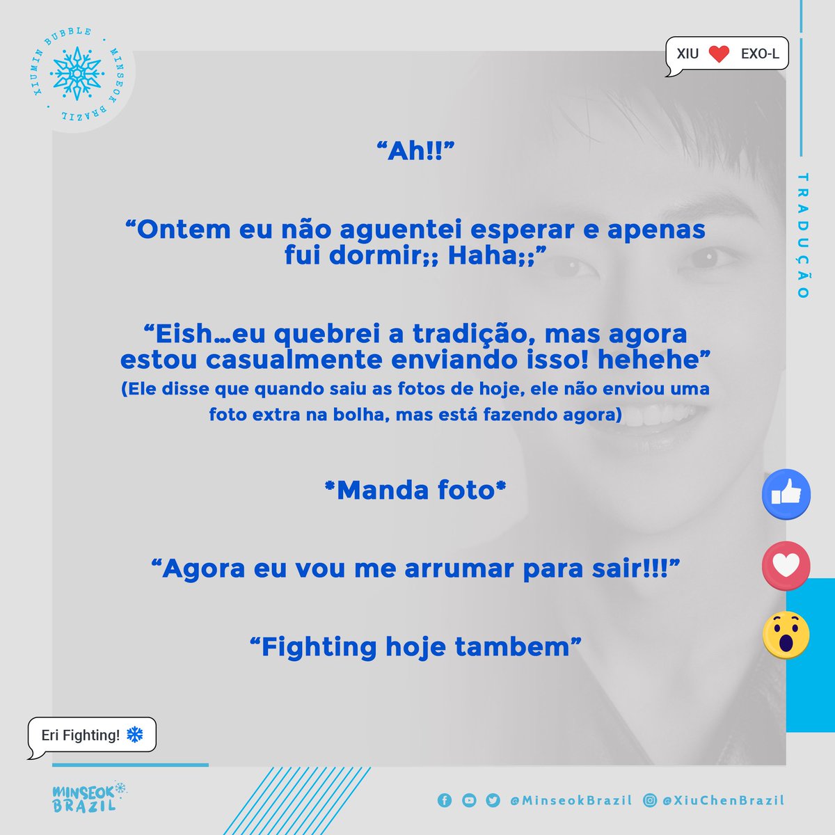 MinseokBrazil's tweet photo. [🦋💬] 20.09.22 | Xiumin deu uma aparecida na bolha pra mandar uma fotinha e algumas mensagens

kr-eng: xiubread
eng-pt: Minseok Brazil

#XIUMIN_MeltingPoint #XIUMIN_BrandNew #XIUMIN #EXO https://t.co/KoY1DvFlDE