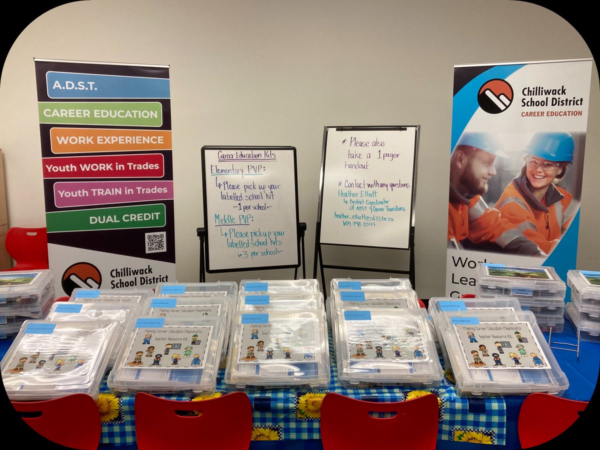 Elementary and Middle Career Education Kits ready for pickup by PVP on Thursday morning. Thanks to <a href="/metalelliott/">Heather_Elliott</a> for building and organizing. #sd33learns #transitionssd33