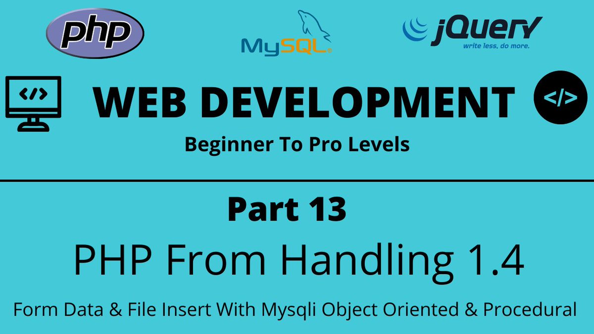 TechQuickLearn's tweet photo. Web Development Tutorial | PHP, jQuery & MySQL | Part 13 | Form Handling 1.4 | Insert Form Data
Video link - https://t.co/MmCwgPAJuJ
#programming #techquicklearner #softwaredeveloper #webdevelopment #webdeveloper #learning #learn #javascript #php #mysql #jquery #formhandling https://t.co/ueTZSrTtfu