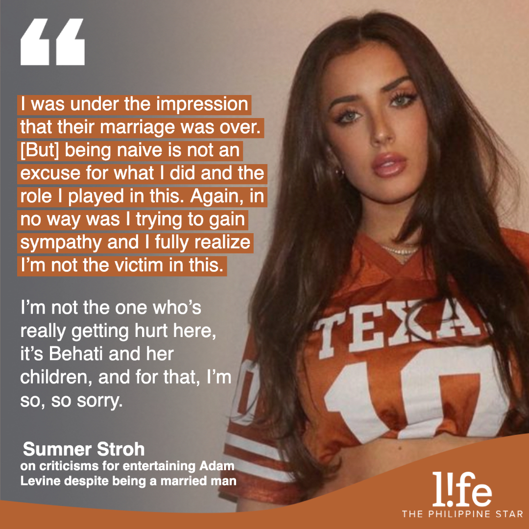 philstarlife's tweet photo. Influencer Sumner Stroh said in a new TikTok video that she felt "exploited" by #AdamLevine and apologized to his wife Behati Prinsloo for the role she played in her alleged affair with him. READ: https://t.co/jCNL9d5nb3 https://t.co/tfNt2h7PDF