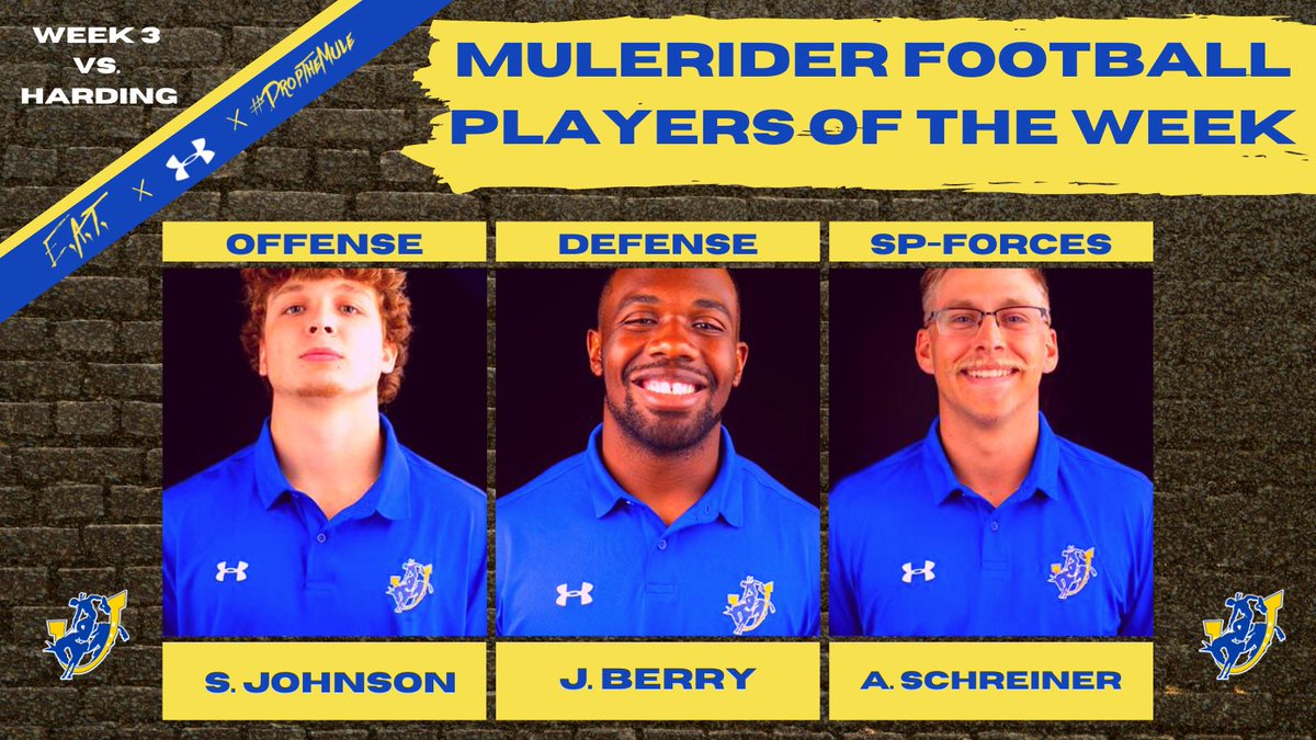 Congrats to our Week 3 Muleriders Players Of The Week @SethJohnson9_ @jacob_berry40 & @a_schreiner10 #ArkLaTexU #LetsRide 🤙🏇