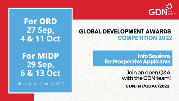Research2Action's tweet photo. RT @GDNint
#Questions about how to apply for the #GlobalDevelopmentAwards Competition 2022?
Join our info #sessions, meet our team and ask away!
📌ORD: 27 Sep, 4 &amp; 11 Oct
📌MIDP: 29 Sep, 6 &amp; 13 Oct
All sessions at 1pm (GMT+1)
More info ➡️  https://t.co/JjXMlOTVDX
#GDAC2022 https://t.co/CqMceeWrsF