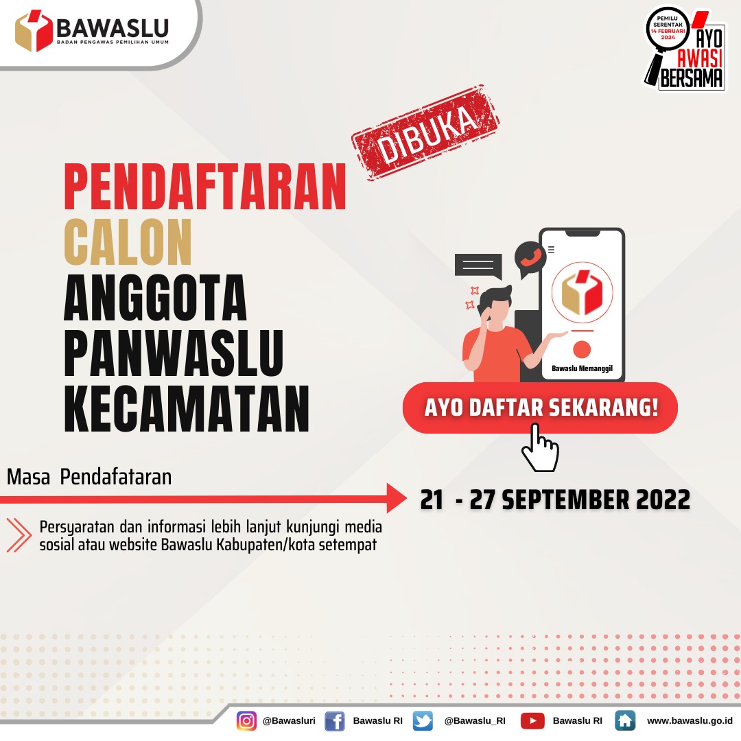#SahabatBawaslu yang terpanggil menjadi Panitia Pengawas Pemilu (Panwaslu) Kecamatan, bagaimana, nih? Sudah menyiapkan berkas? Pendaftarannya mulai dibuka hari ini, loh.