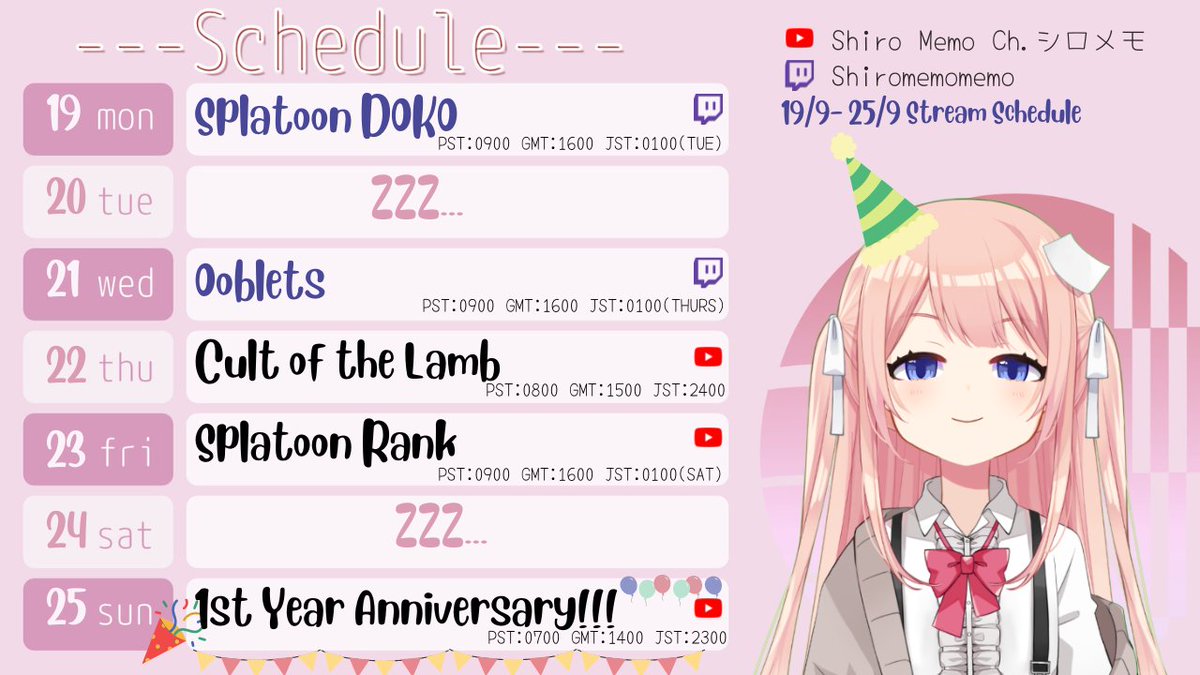 ShiroMemomemo's tweet photo. 【Schedule!!】19/9 - 25/9
it's finally my 1ST YEAR ANNIVERSARY!!! Yatta❤️ I'm super excited to celebrate it with you!!
・General: #Shiromemo
・Stream: #MemoReSTART
・Fan Art: #MEMOsketch
・Fan name: #memodachi
・Meme/clips/funny video: #mememo
Schedule art @/yuentsz123 https://t.co/9AyeSKDbtQ