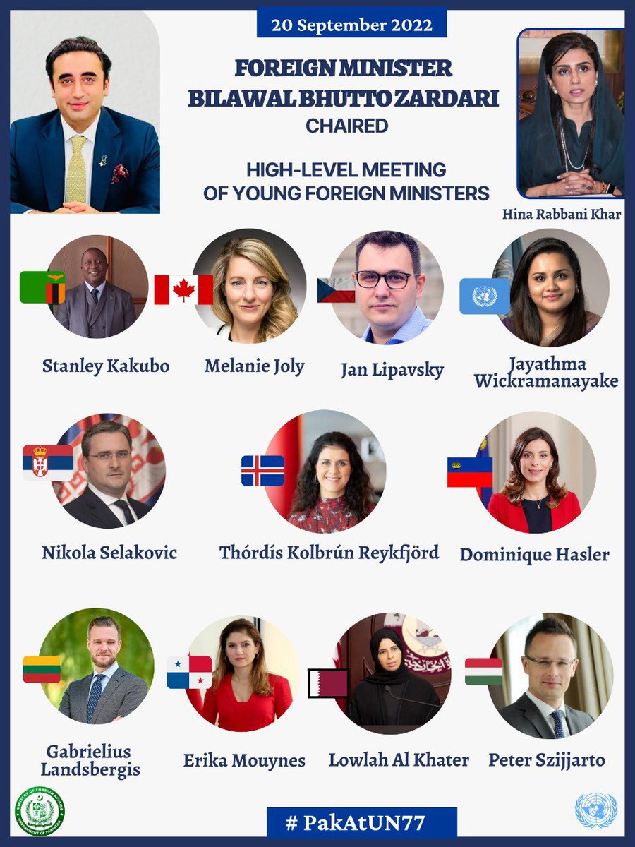 BBhuttoZardari's tweet photo. It was an honor to host meeting of Young Foreign Ministers on #UNGA sidelines to discuss challenges of present &amp; future. Together, we laid down our priorities &amp; vision for a future world order based on peace, harmony &amp; justice. A summary will be shared with UNSG &amp; member states. https://t.co/0Uu5T81bYl