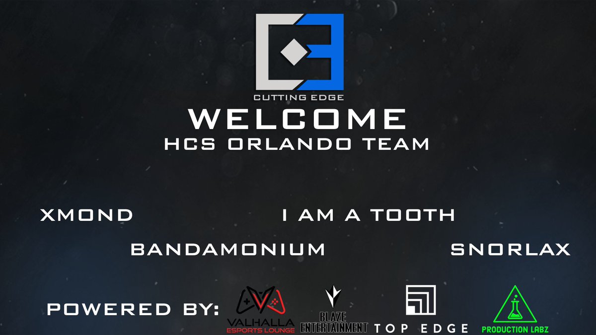 cE_Esports's tweet photo. We are happy to announce our HCS Orlando Roster consisting of @ibandamonium @XmondLive @SnorLaxHCS and @I_am_a_tooth 
Powered by: @ValhallaELounge @BlazeEntmt and @TopEdgeMGMT !!! https://t.co/PEDqCKNj6p